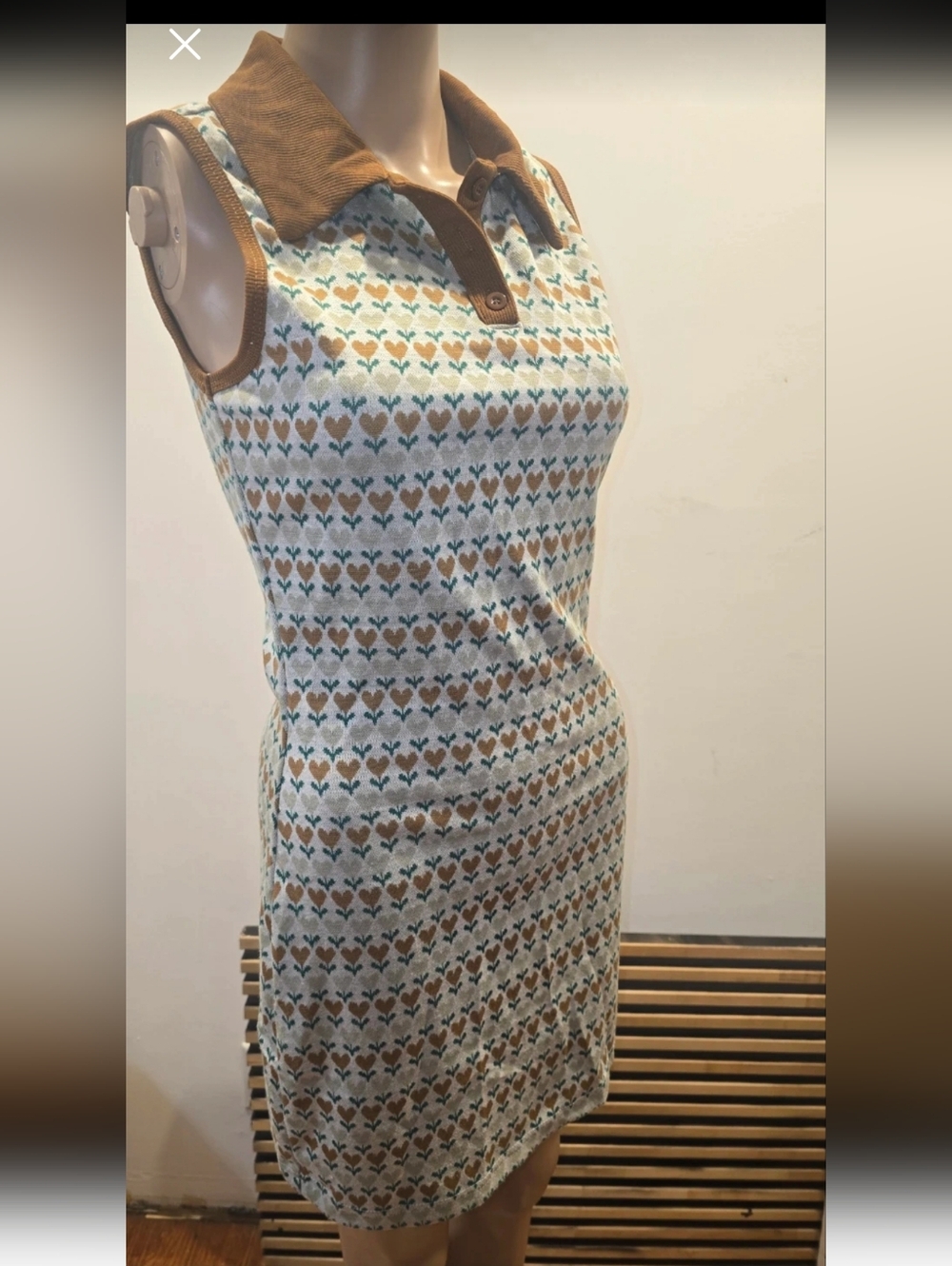 Vintage Look Heart-Pattern Knit Dress with Contrast Collar - Brown/Blue - Xs/S